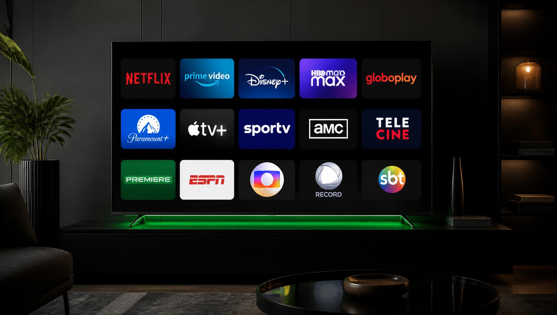 Smart TV com logos de streamings e canais ao vivo: Netflix, Prime Video, Disney+, HBO Max, Globoplay, Paramount+, Apple TV+, SporTV, AMC, Telecine, Premiere, ESPN, Globo, Record e SBT